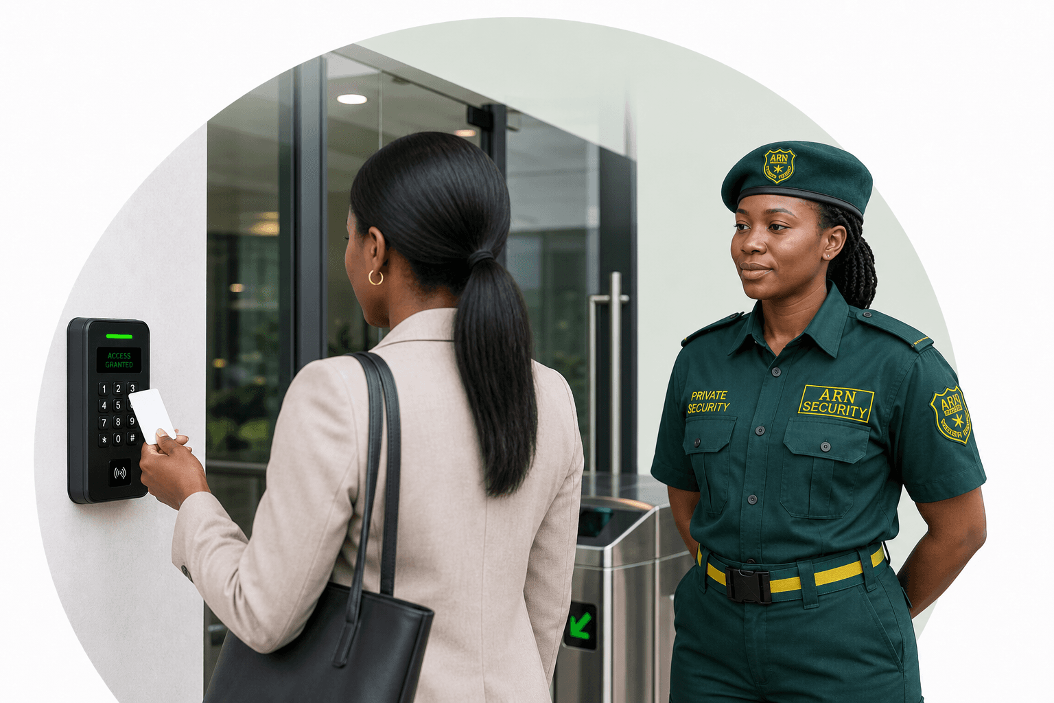 Visitor using a card reader while an ARN Security officer observes