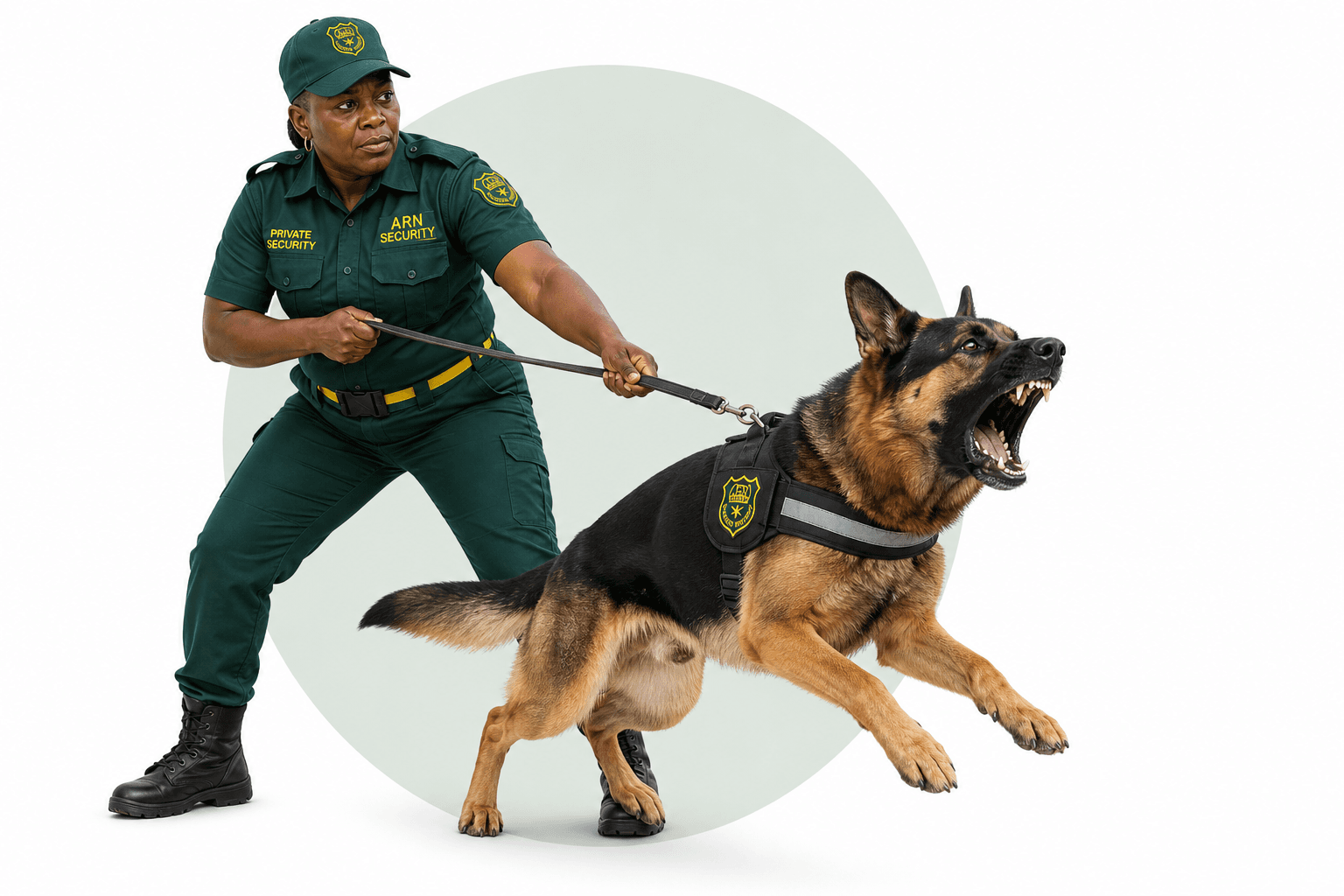 ARN Security canine handler controlling a working dog