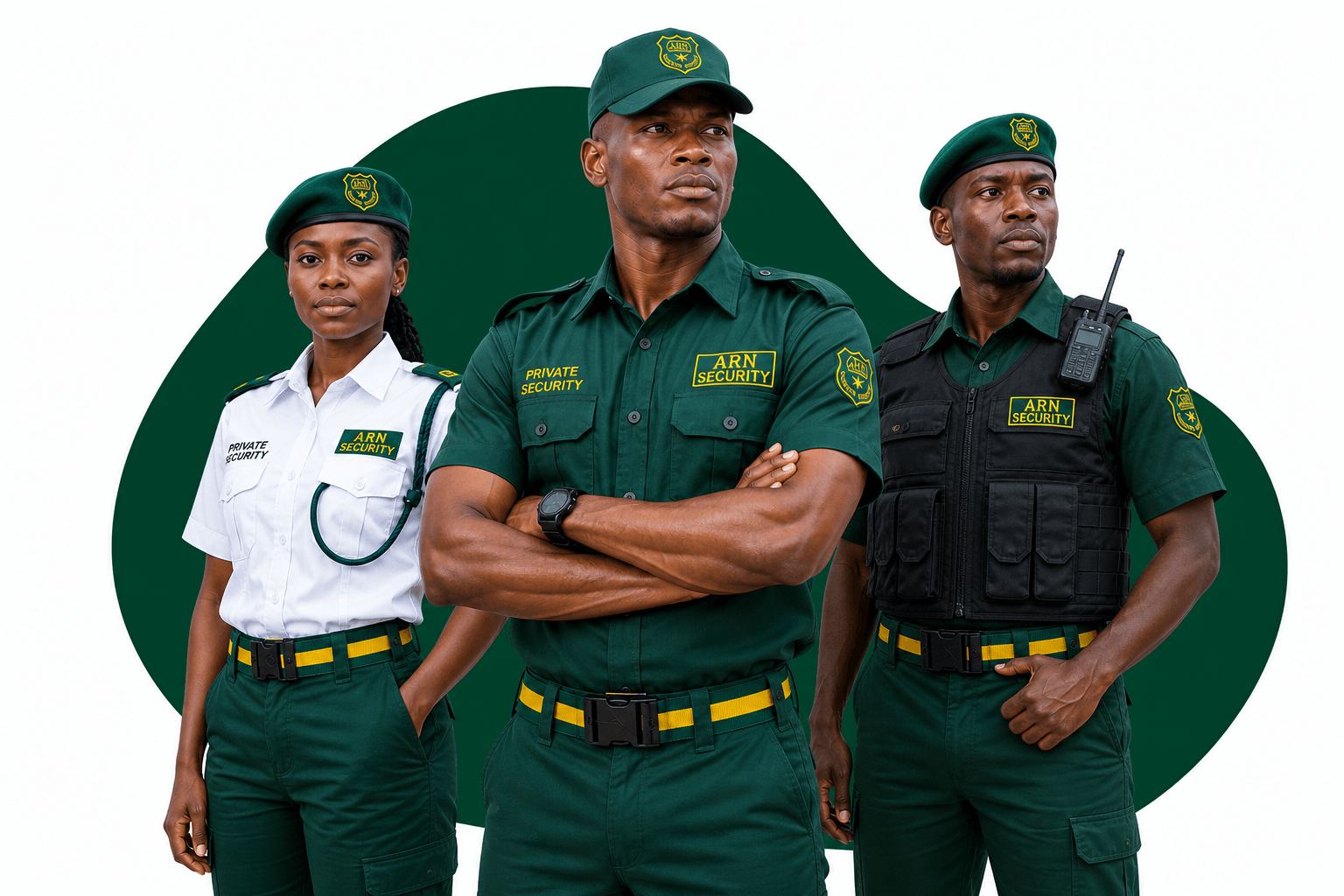 ARN Security personnel in branded uniforms with a protective-vest officer